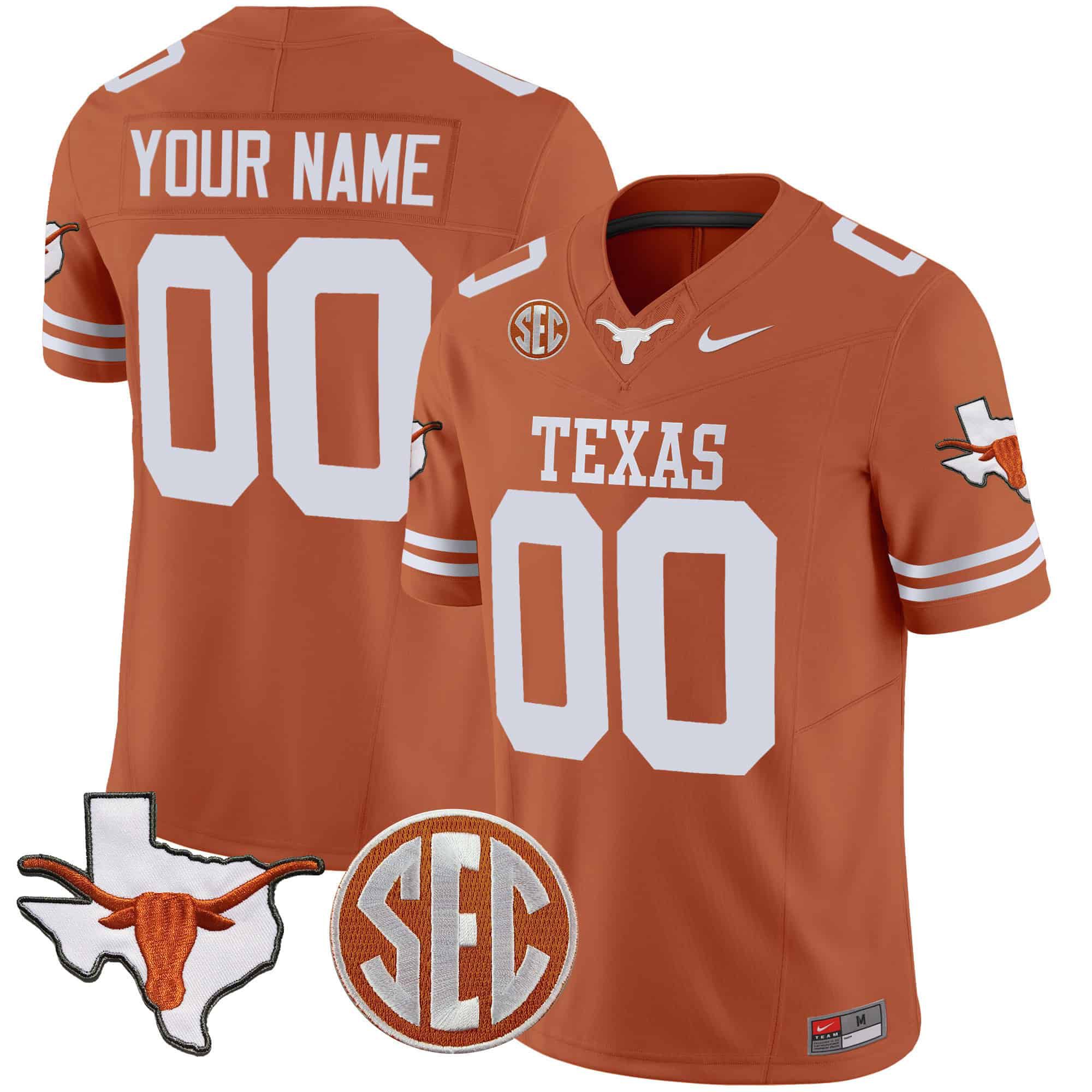 Men Texas Longhorns Orange 2024 Nike State Map & SEC Patch Vapor Custom NCAA Jersey style 1->customized nfl jersey->Custom Jersey